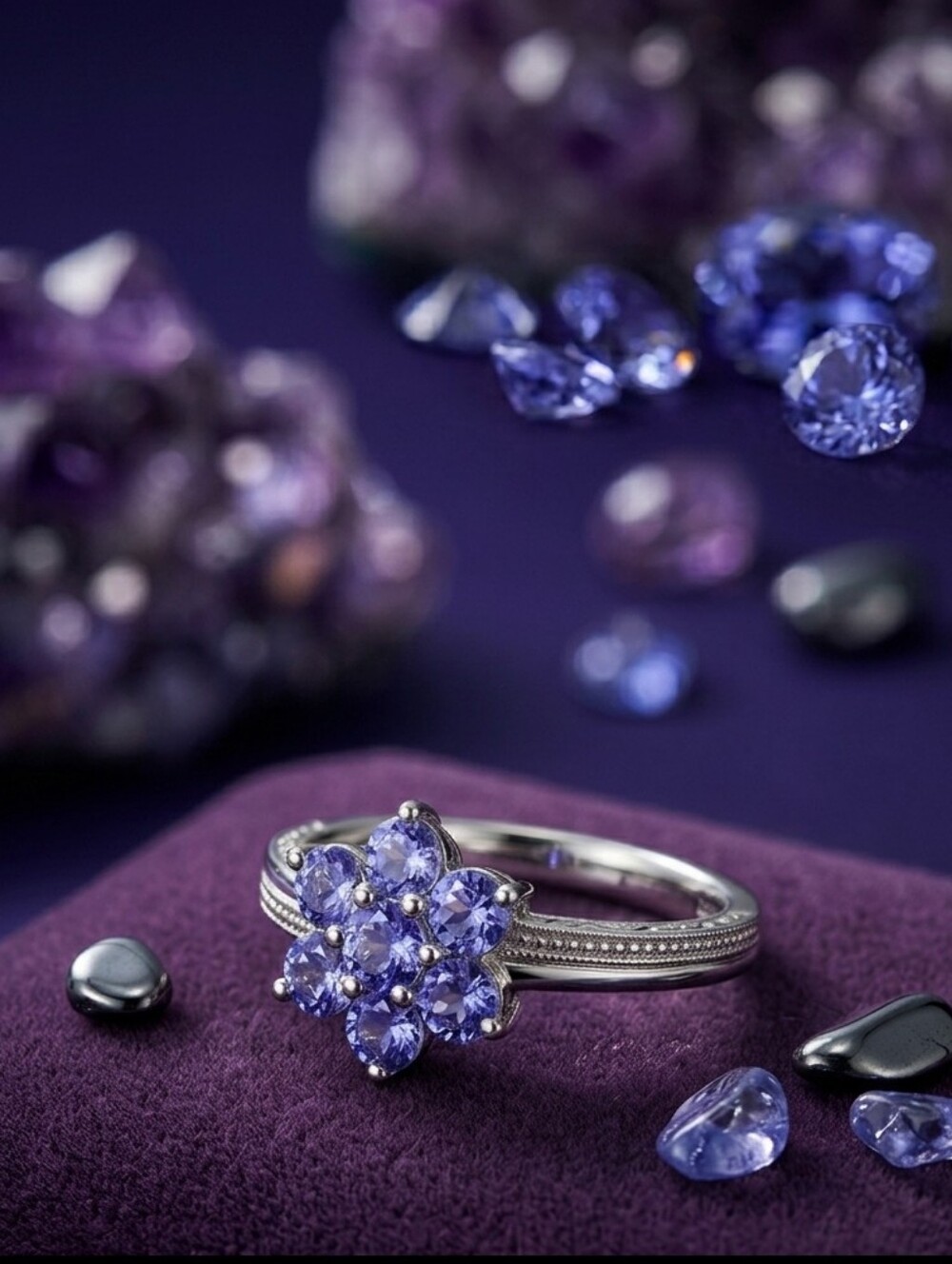 Tanzanite Floral Cluster Sterling Silver Ring Size 9 Cottagecore Girlhoodcore
